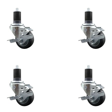 Service Caster 3'' Thermoplastic Rubber Swivel 1-5/8'' Expanding Stem Caster Set with Brake, 4PK SCC-EX20S314-TPRB-TLB-158-4